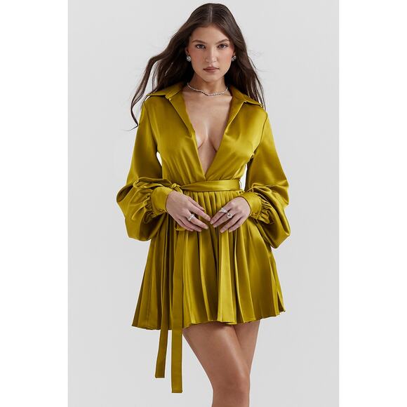 House of CB Allegra chartreuse pleated shirt dress - Picture 1 of 2